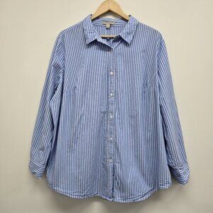 Woman Within Long Sleeve Striped Button Up Shirt 1X (22/24) French Blue White